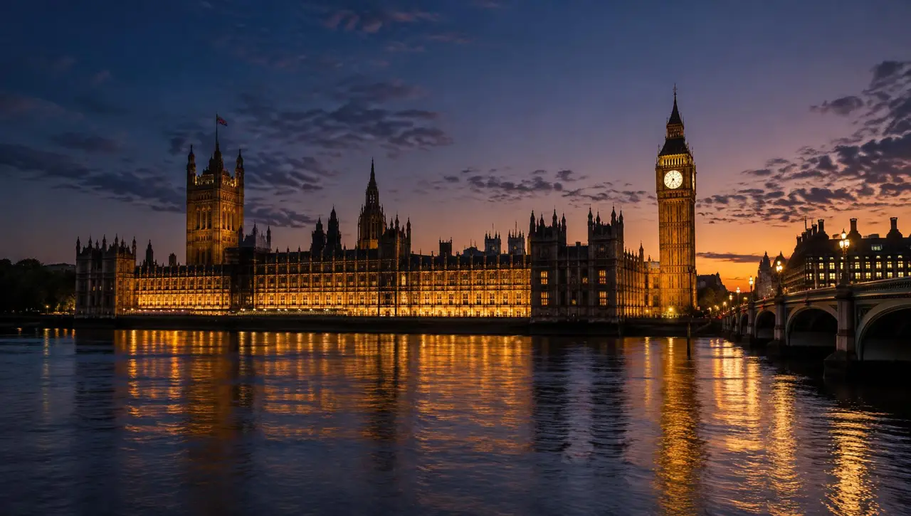 The Palace of Westminster and the River Thames at dusk